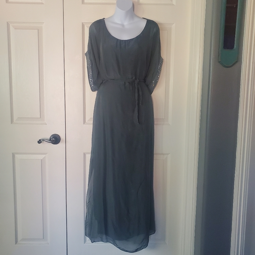 Scandal Italy Silk Gray Maxi Dress Sequin Sleeves Fairy Romantic Medium